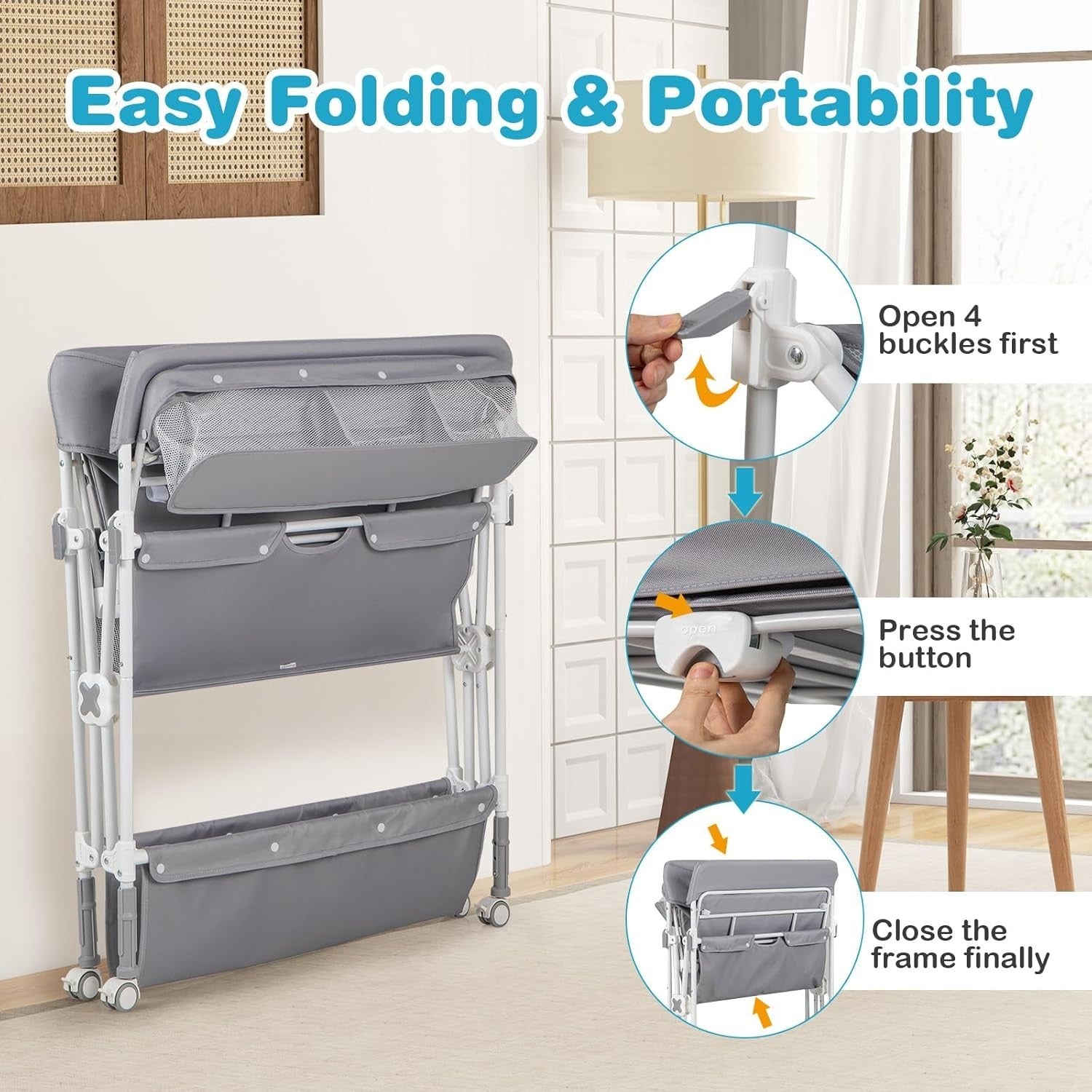 Baby Changing Table Folding Nursery Station with Wheels & Storage Grey