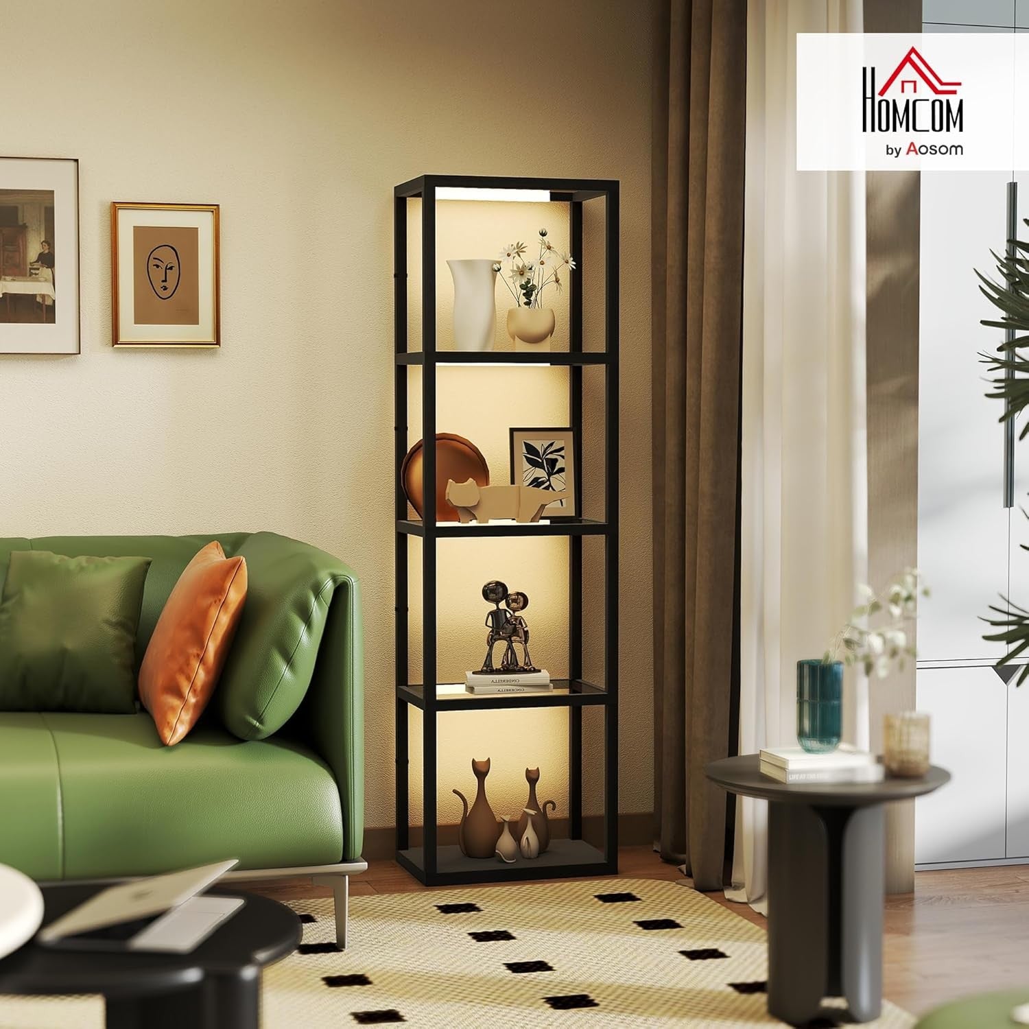 Tall Floor Lamp with Glass Shelves Dimmable Column Storage LED Standing Light