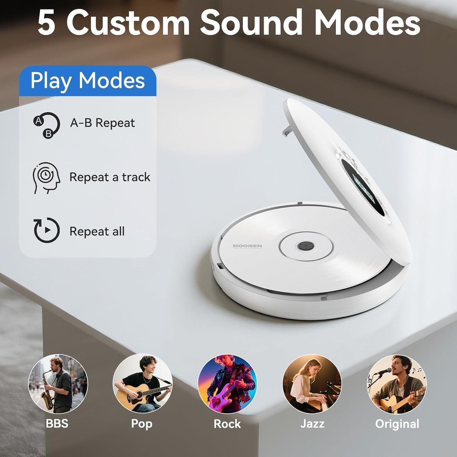 Portable CD Player Anti Skip LCD Display Headphones AUX Personal White