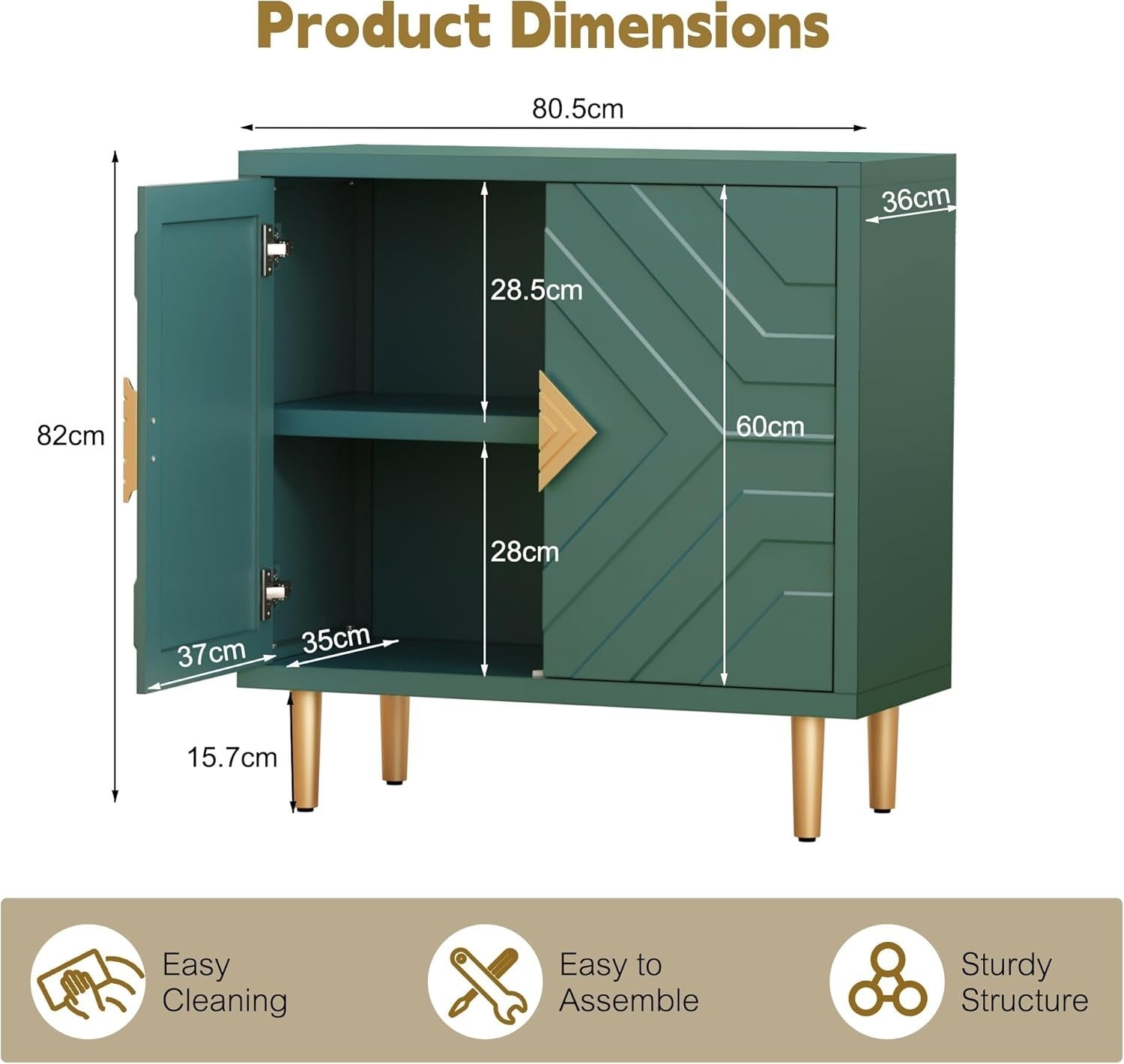 Modern 2-Door 3D Embossed Sideboard Storage Cabinet Green with Gold Legs