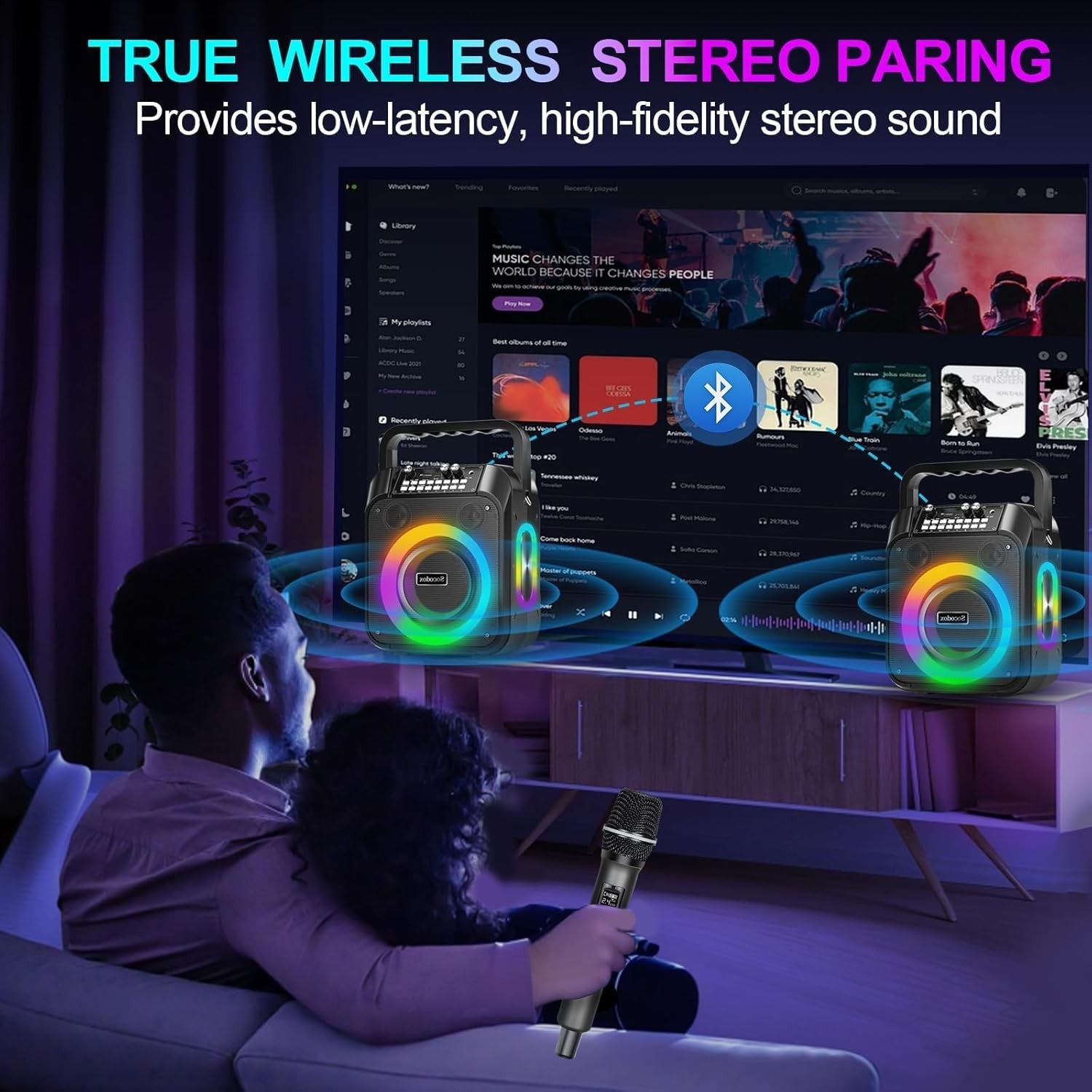 Black 30W Karaoke Machine 2 Wireless Mics RGB Party Speaker