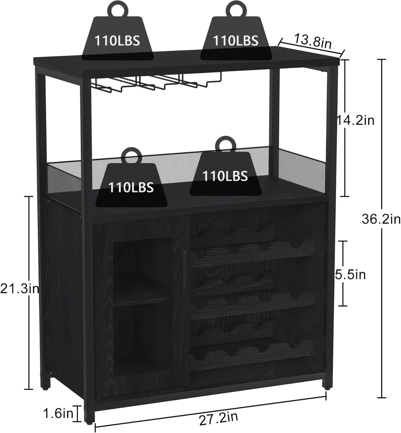 3 Tier Wine Bar Cabinet with Glass Rack & Storage Shelves for Home Kitchen Black