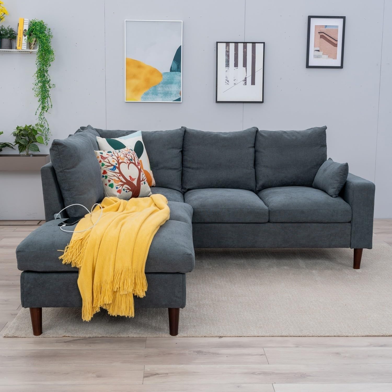 5 Seater Grey Linen Corner Sofa with USB Port Chaise L-Shape Wood Legs
