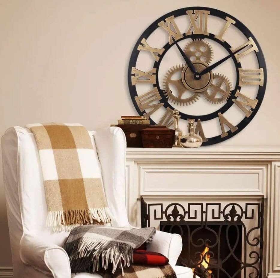 60cm Large Gold Roman Numeral Wall Clock Wood Open Face Silent Quartz Vintage