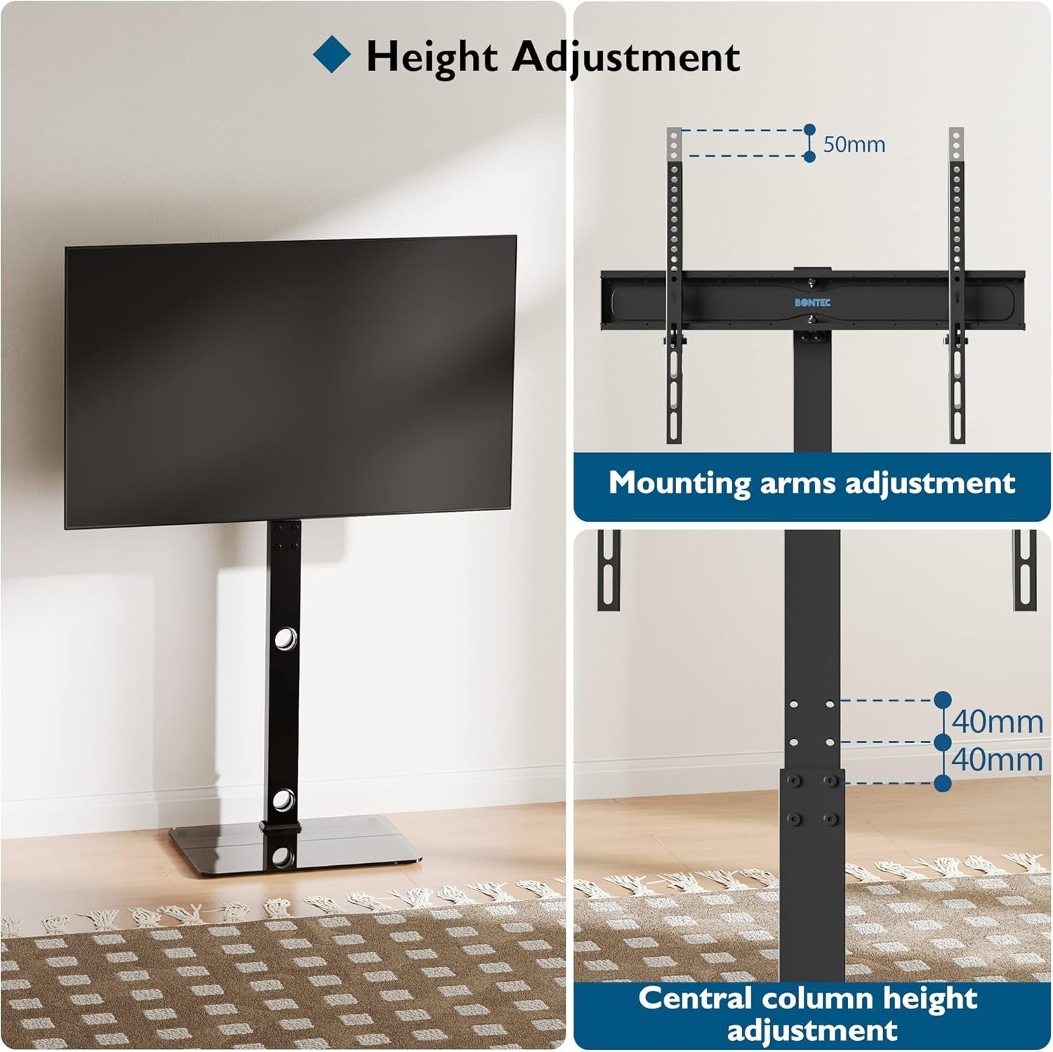 Adjustable Swivel TV Floor Stand 30-70" TVs, Tempered Glass Shelf, 40kg