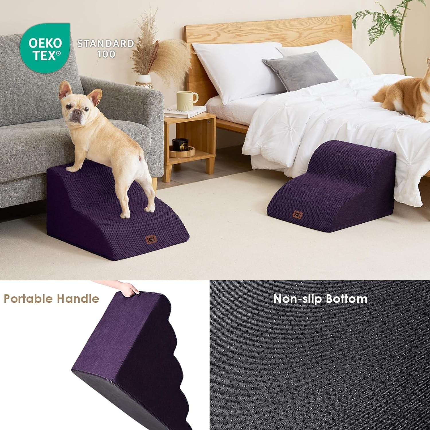 2 Step Dog Stairs for Sofa Non Slip Pet Steps Washable Purple