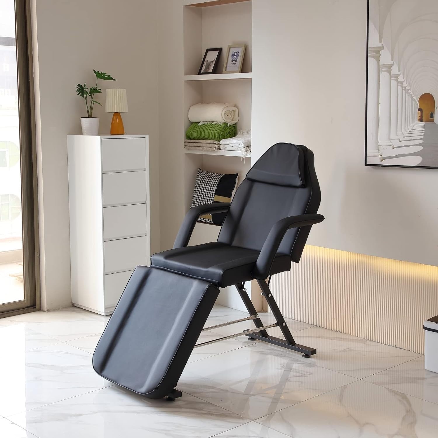 Adjustable 3-Section Beauty Massage Bed w/ Head Cushion & Swivel Stool Black