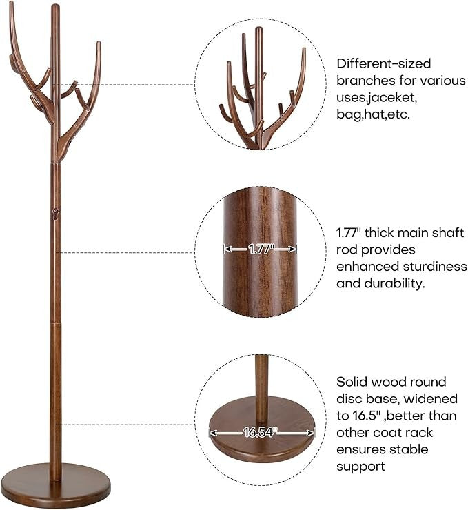 183cm Solid Wood Coat Rack Tree Stand with 12 Hooks Round Base for Hallway