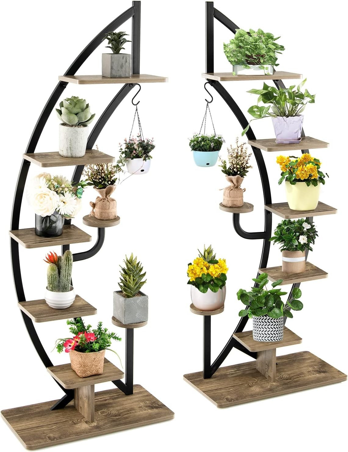 2PC 8 Tier Metal Plant Stand Curved Half Moon Ladder Shelf Indoor Outdoor Rack
