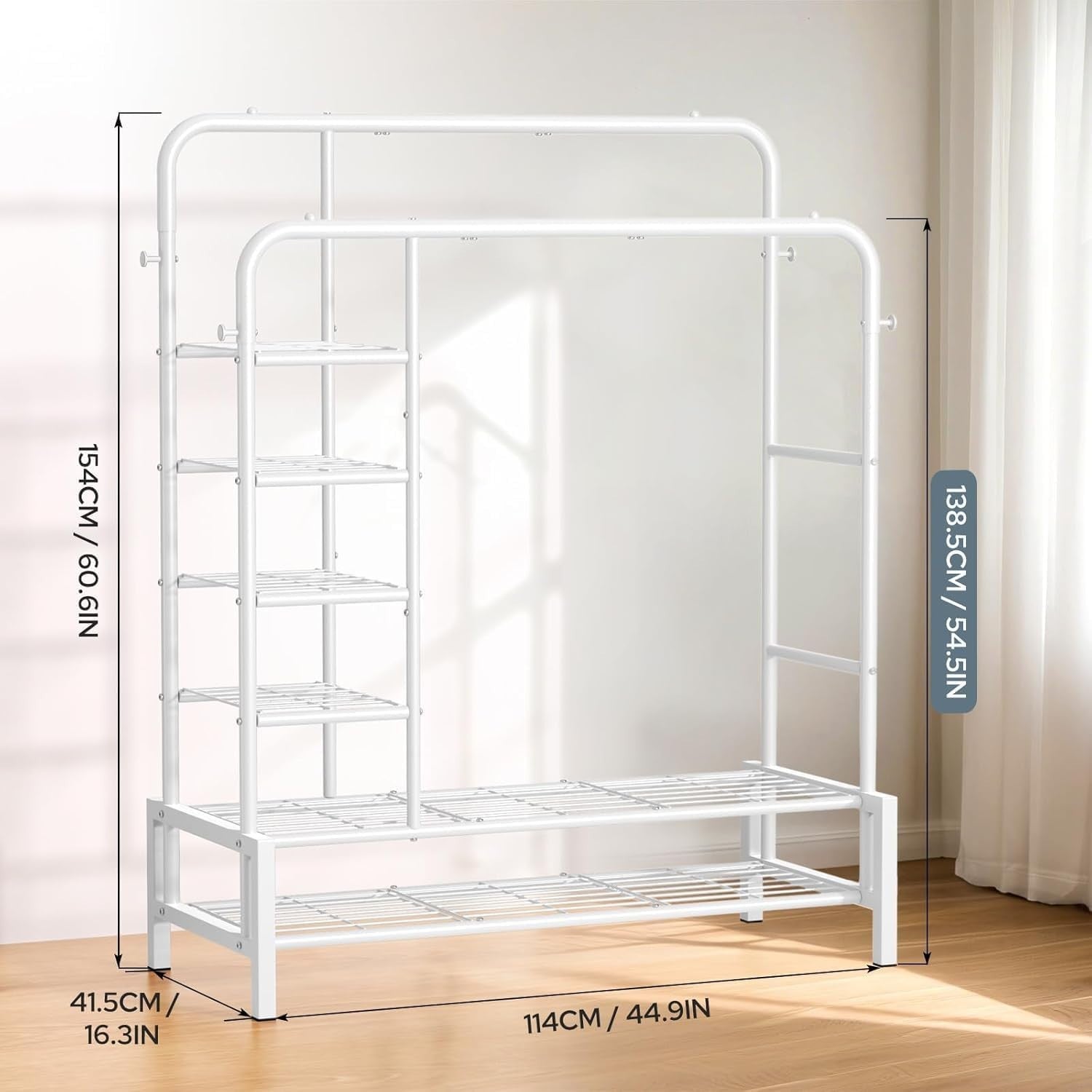 Heavy Duty Clothes Rail Double Rods Shelves Shoe Rack White