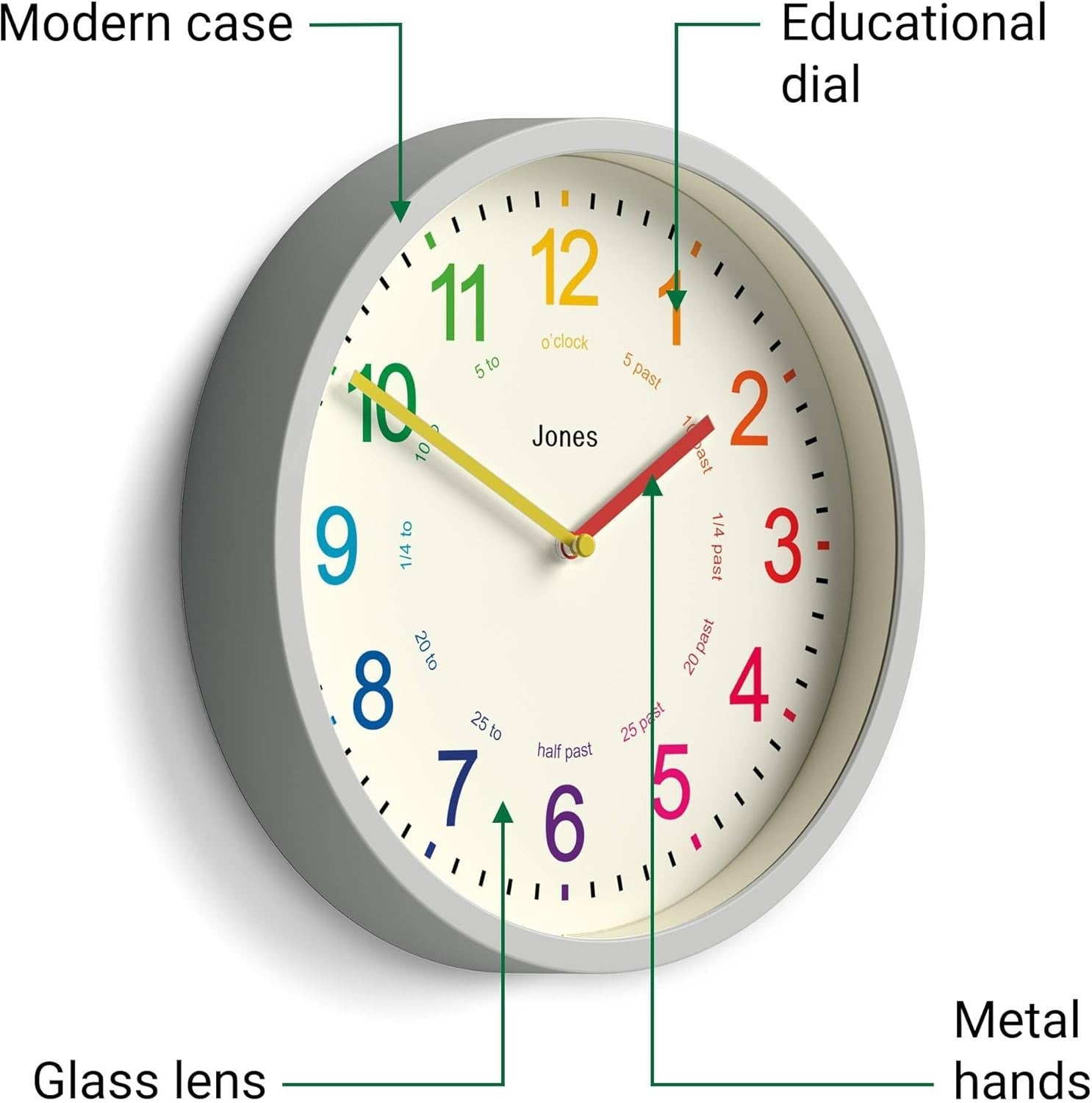 Kids Wall Clock 25cm Silent Quartz Grey Modern Colourful Number Nursery Clock