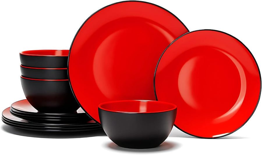 12pc Melamine Dinnerware Set Plates Bowls Black Red Non Breakable