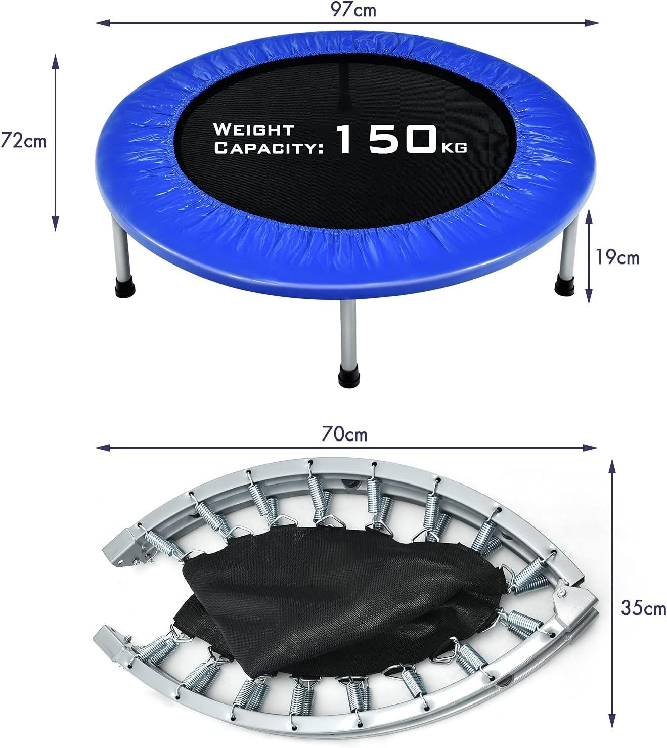 38in Foldable Fitness Rebounder Trampoline Indoor Outdoor 150kg