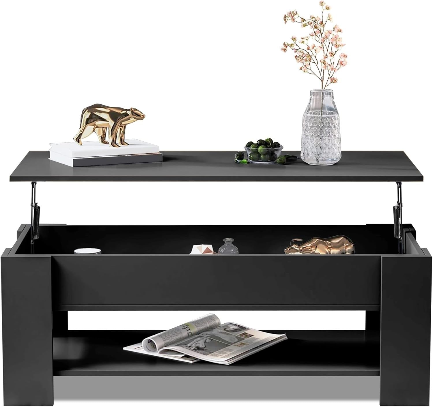 Lift Up Coffee Table with Storage, Black 120x60cm Adjustable Height
