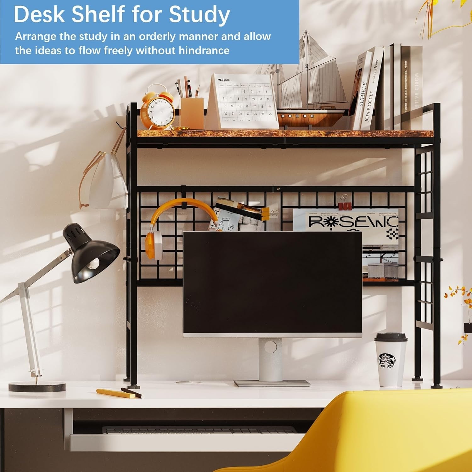 32.9" Metal Desk Hutch Shelf with Grid Panel | 2-Tier Desktop Organizer Rack