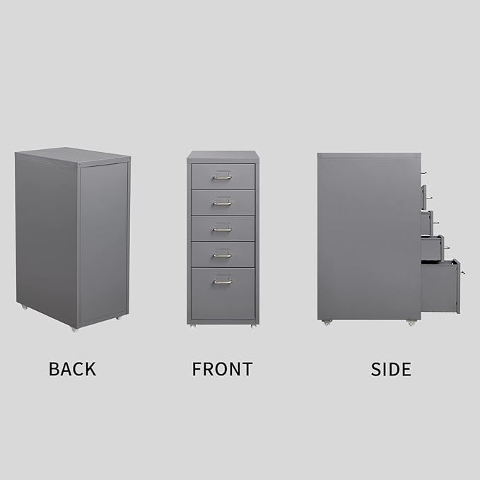 5 Drawer Metal File Cabinet with Wheels, Under Desk Office Storage Unit, Rolling