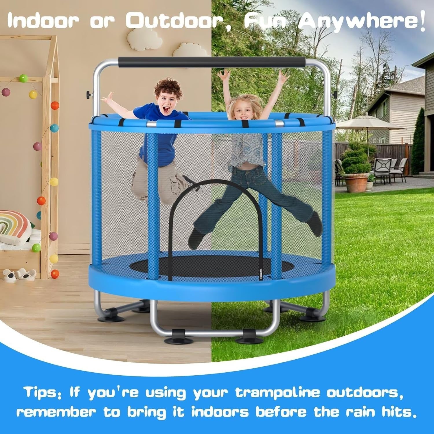 55” Kids Trampoline w Enclosure Indoor Outdoor Gym Bar Toys 440lbs