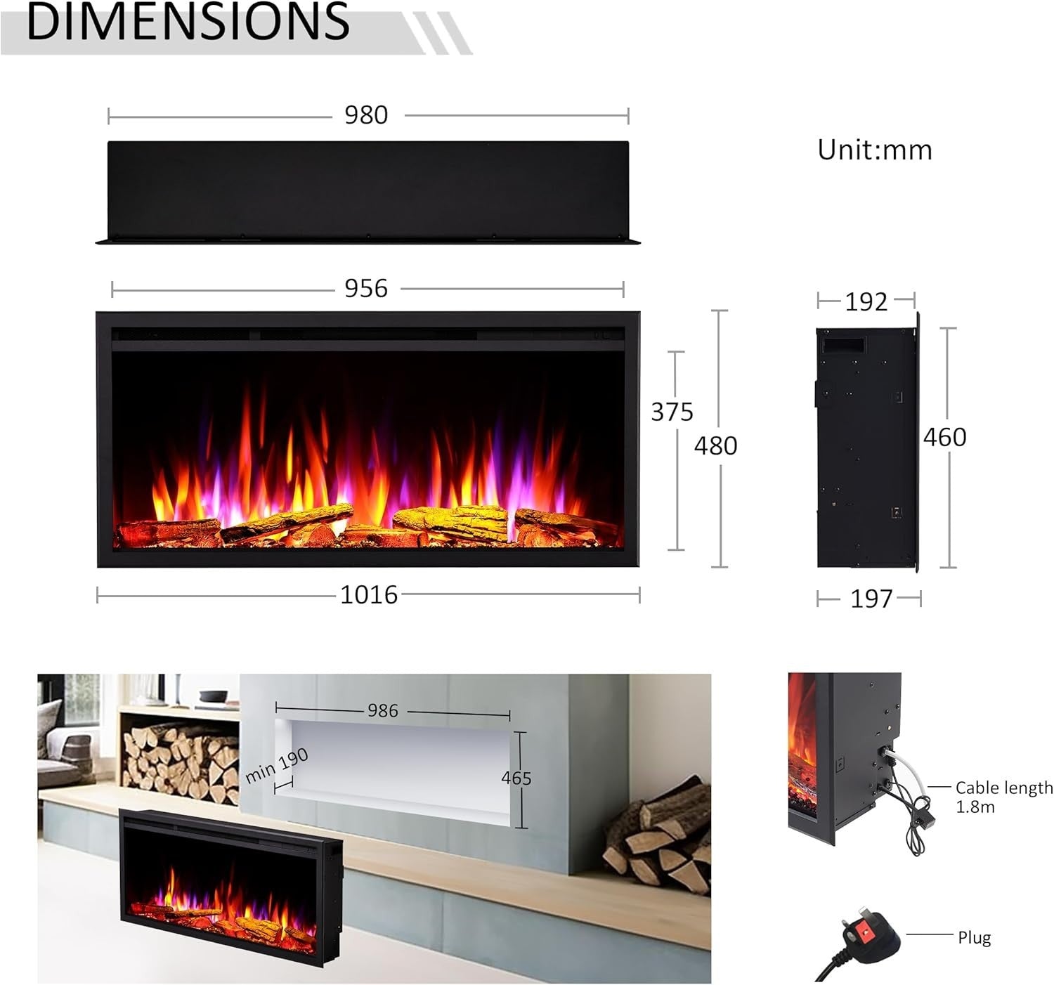 40” Smart Inset Electric Fireplace Alexa Google App Control Deep Fuel Bed
