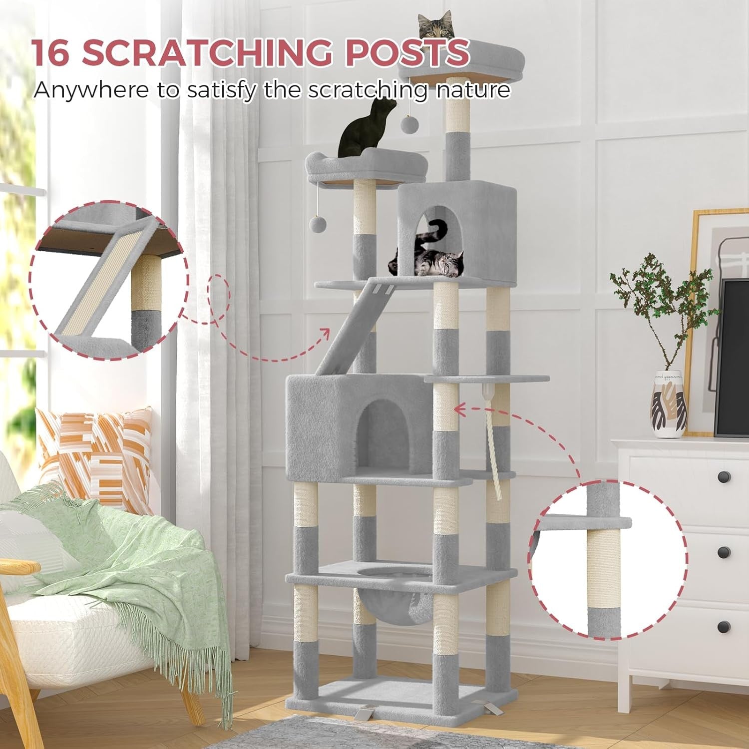 208cm Tall Cat Tree Tower Light Grey Anti-Tip Multi-Level Condo Scratcher