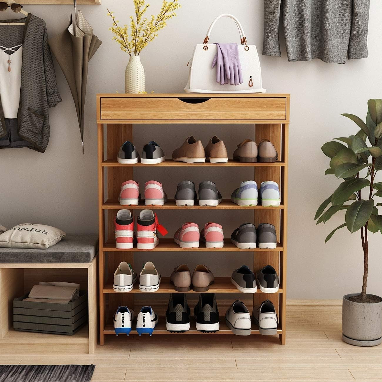 5-Tier Teak Wood Shoe Rack Cabinet, Space-Saving Storage Shelf 75x30x94cm