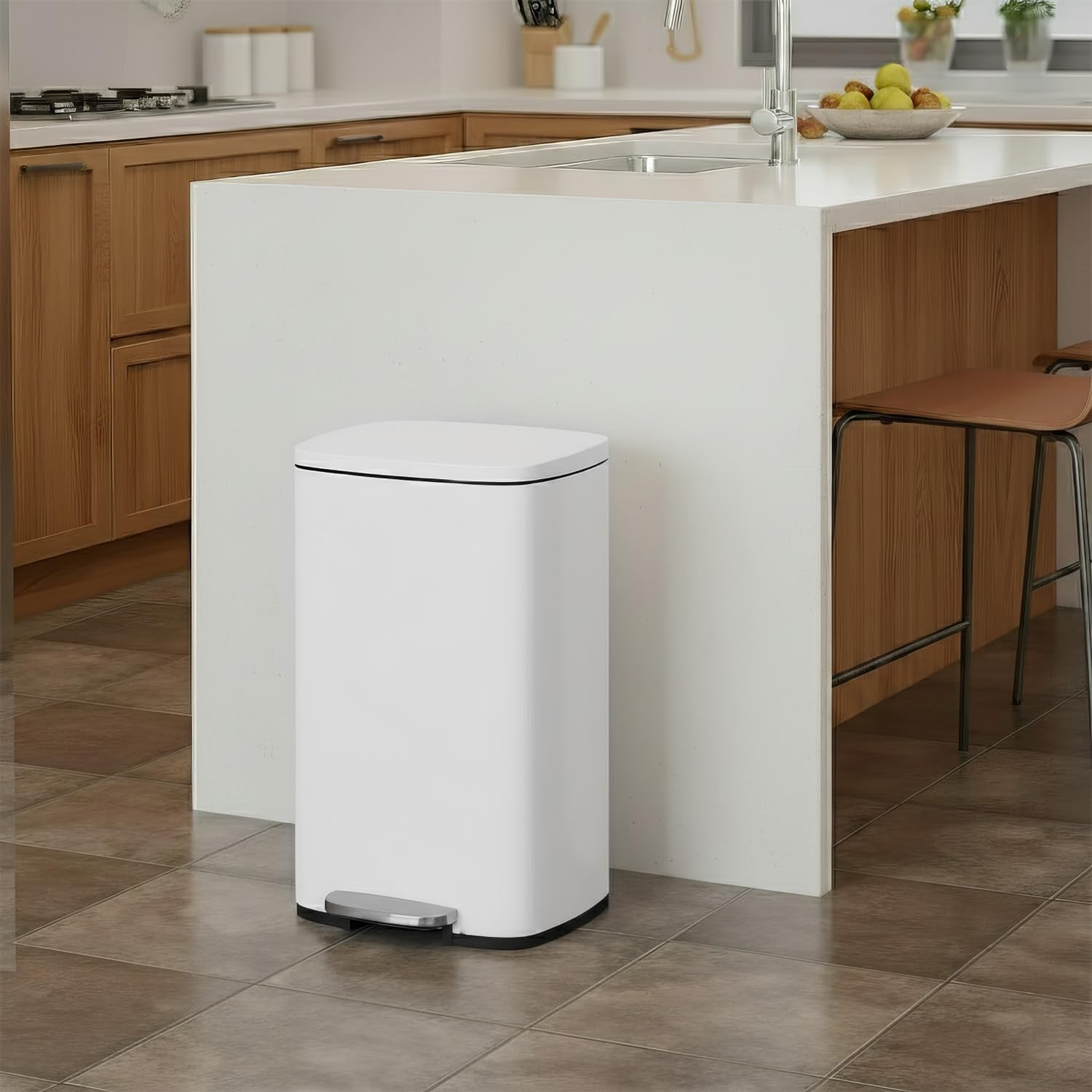 50L Stainless Steel Kitchen Bin Step On Lid Soft Close White