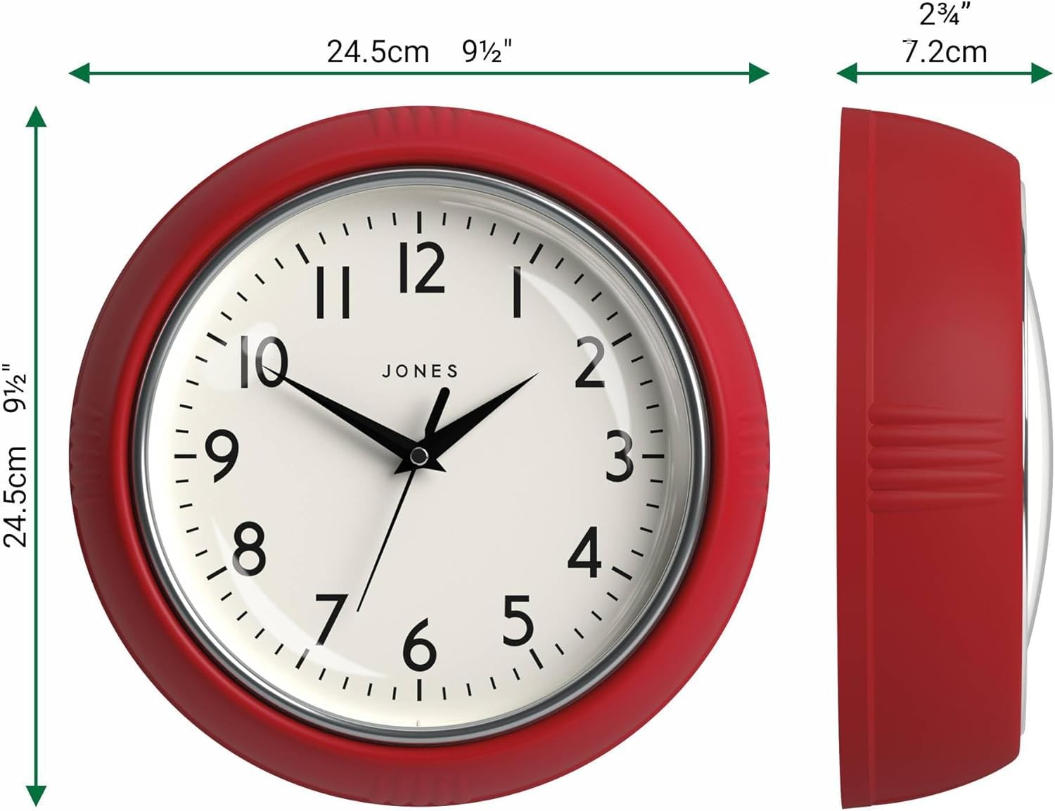 25cm Red Retro Wall Clock | Easy Read Silent Quartz Clock for Kitchen Home