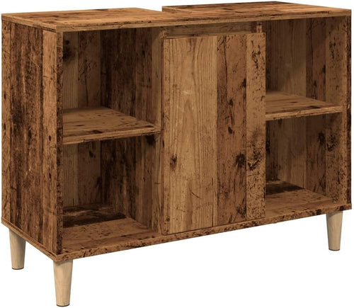 Rustic Old Wood Bathroom Sink Cabinet – Vintage Vanity Unit with Shelves 80cm