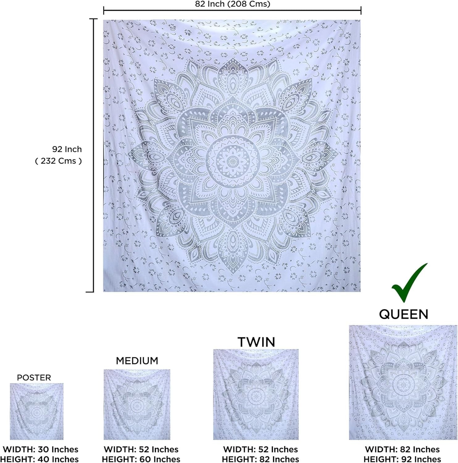 Grey Silver Mandala Cotton passion Tapestry 208x232cm Wall Decor