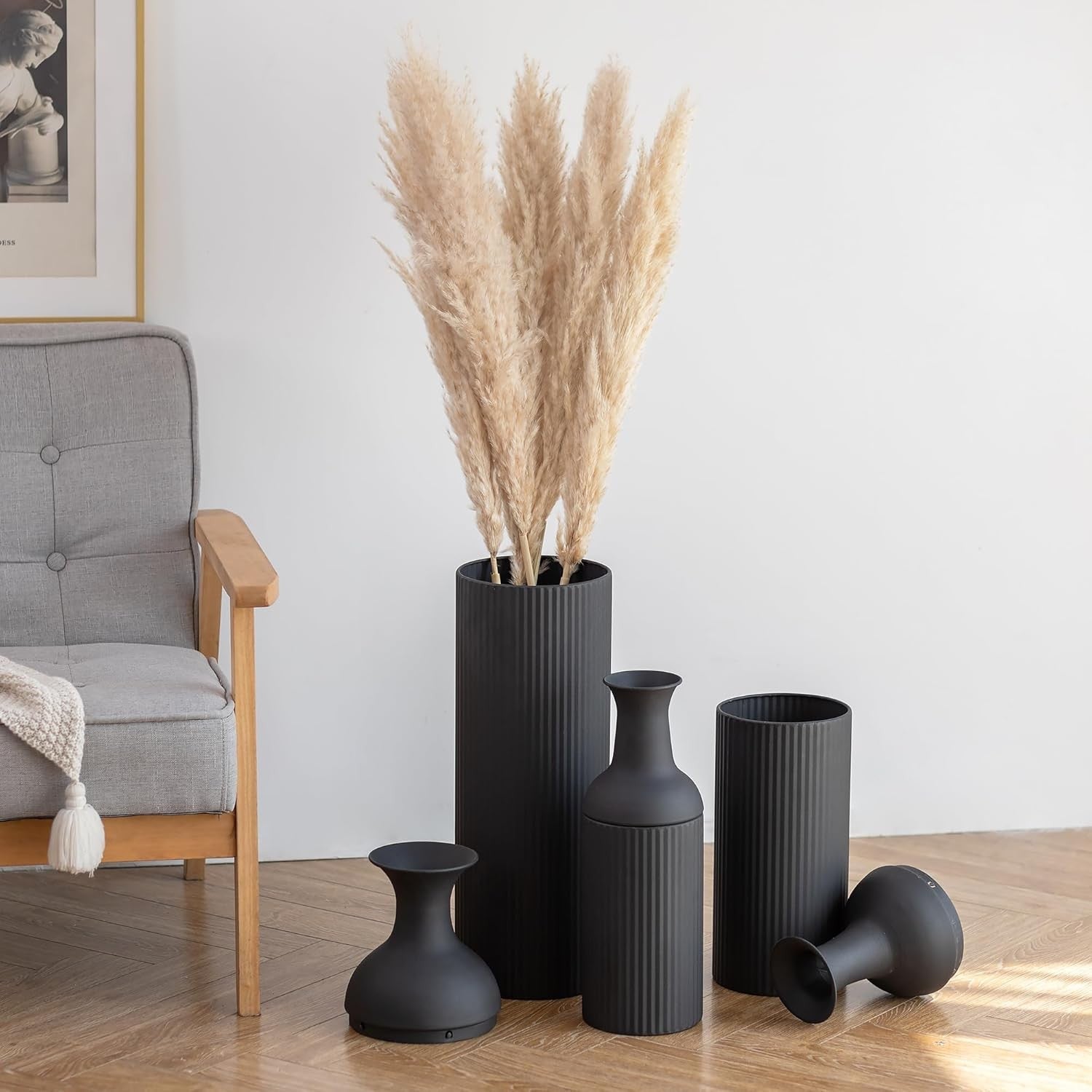 Tall Black Metal Floor Vase Set Ribbed Modern Decor for Pampas Grass