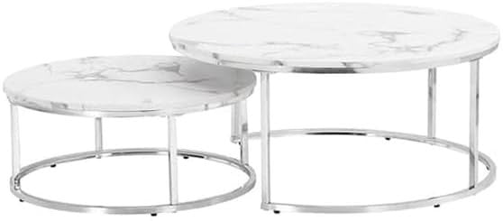 Round Marble Nesting Coffee Table Set 2 Art Deco White Chrome Modern Side Tables