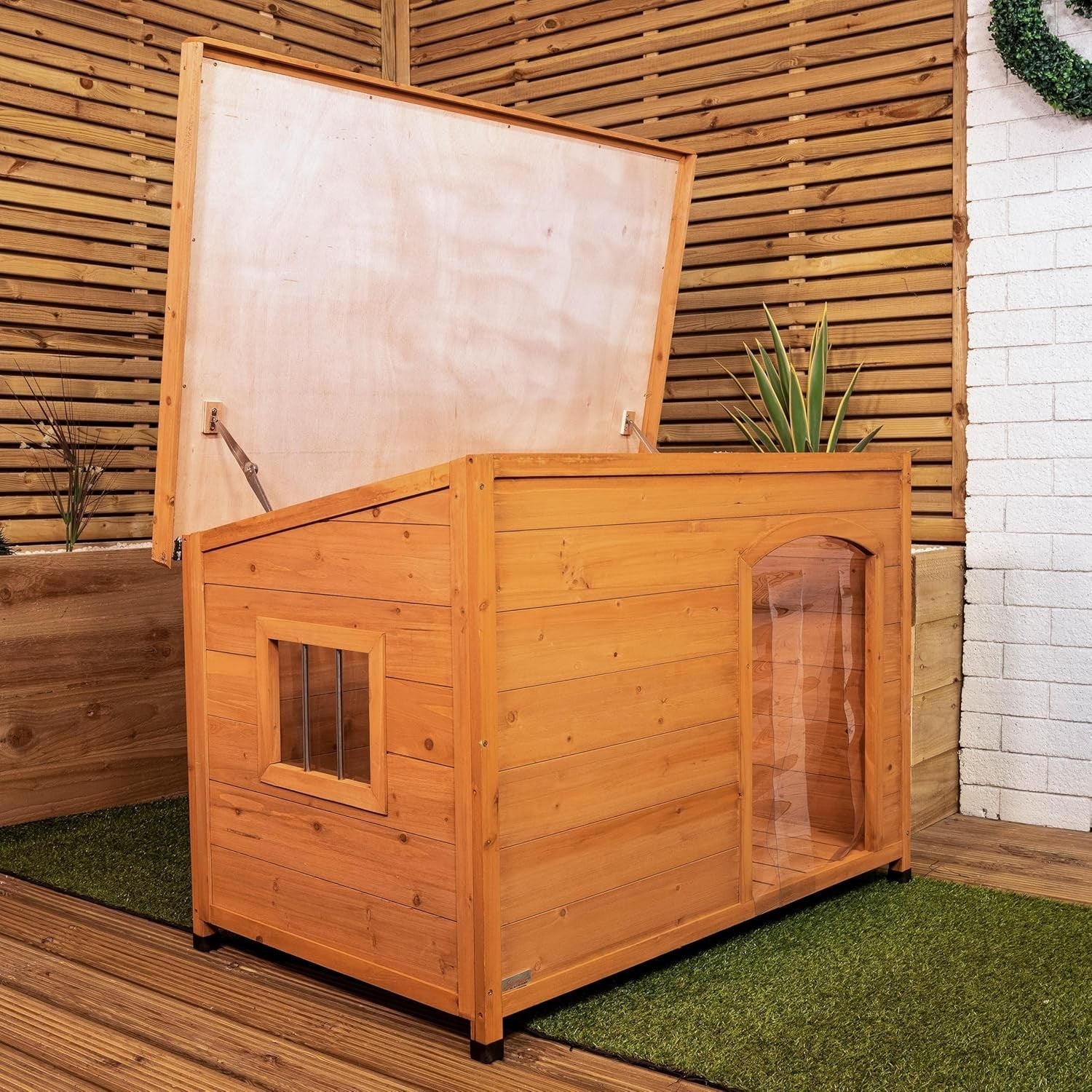 Large Wooden Outdoor Dog House Kennel with Window, Insulated PVC Door 82x116cm