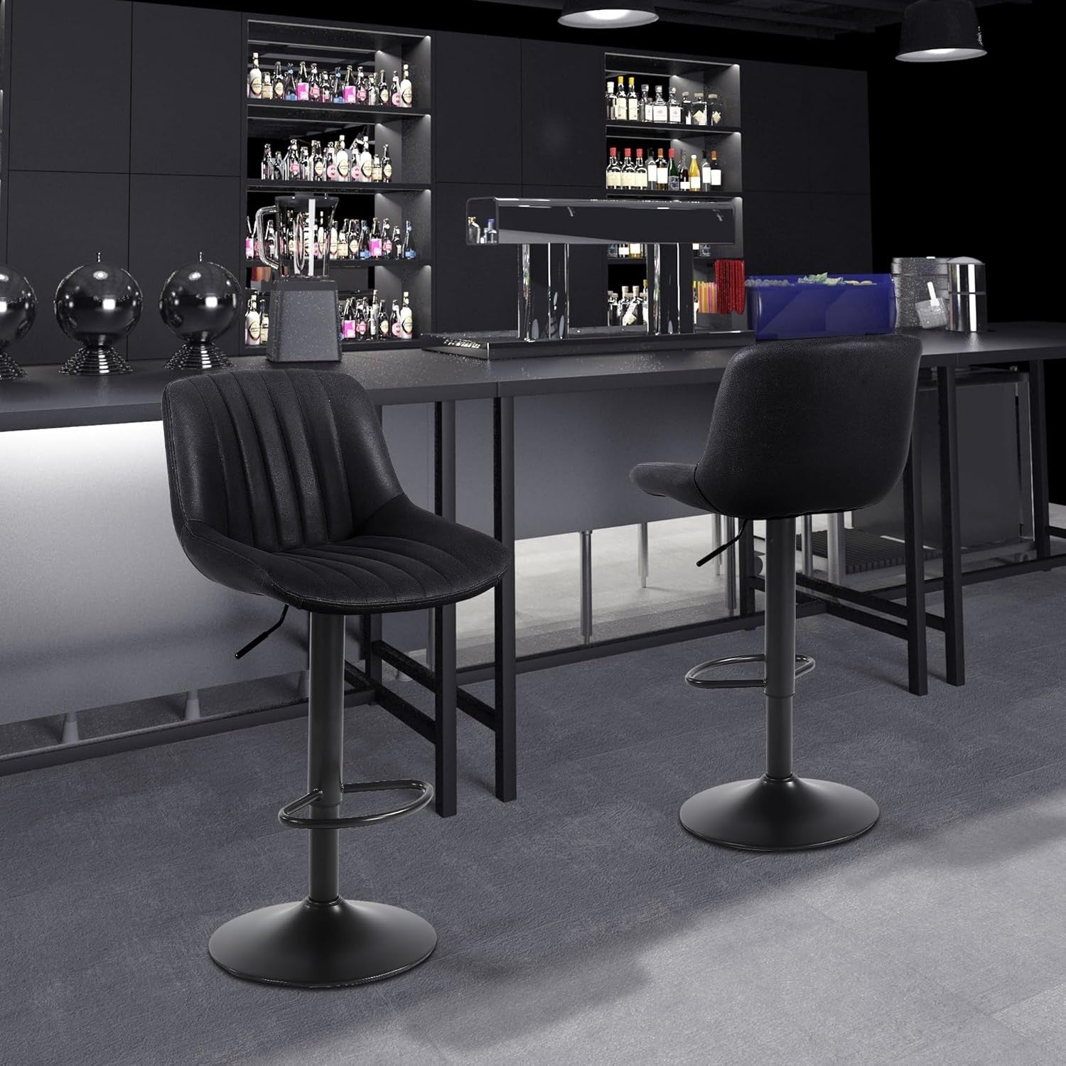 Black Adjustable Swivel Bar Stool PU Leather Modern Counter Chair