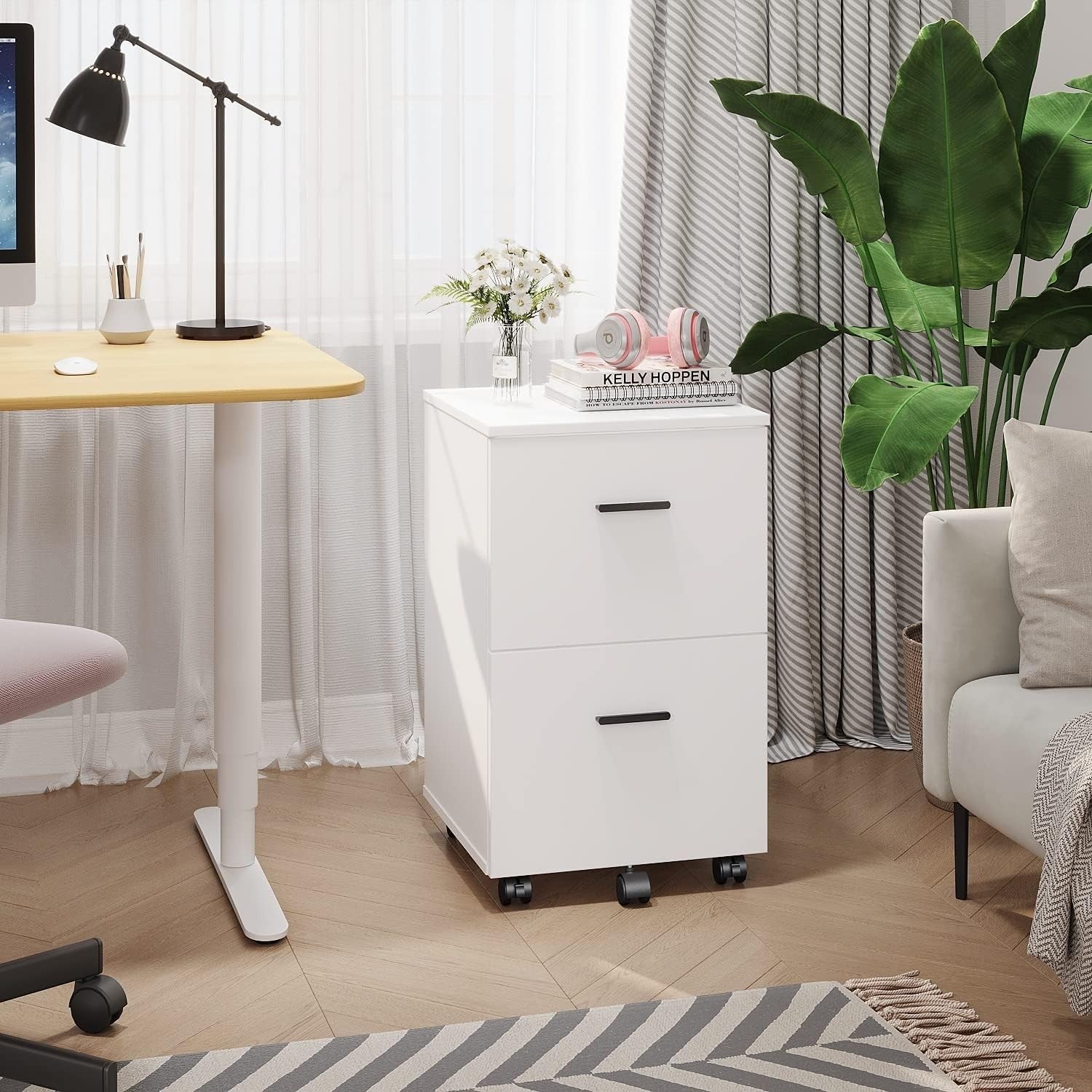 White 2 Drawer Mobile Filing Cabinet Wooden Office Storage on Wheels Home Office