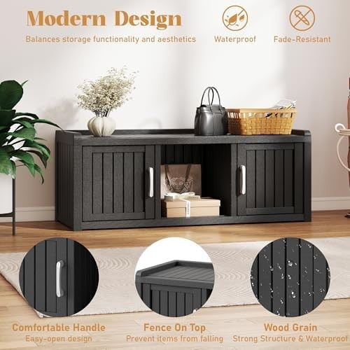 Waterproof Shoe Storage Cabinet Bench 2 Door Resin Unit with Shelves Black