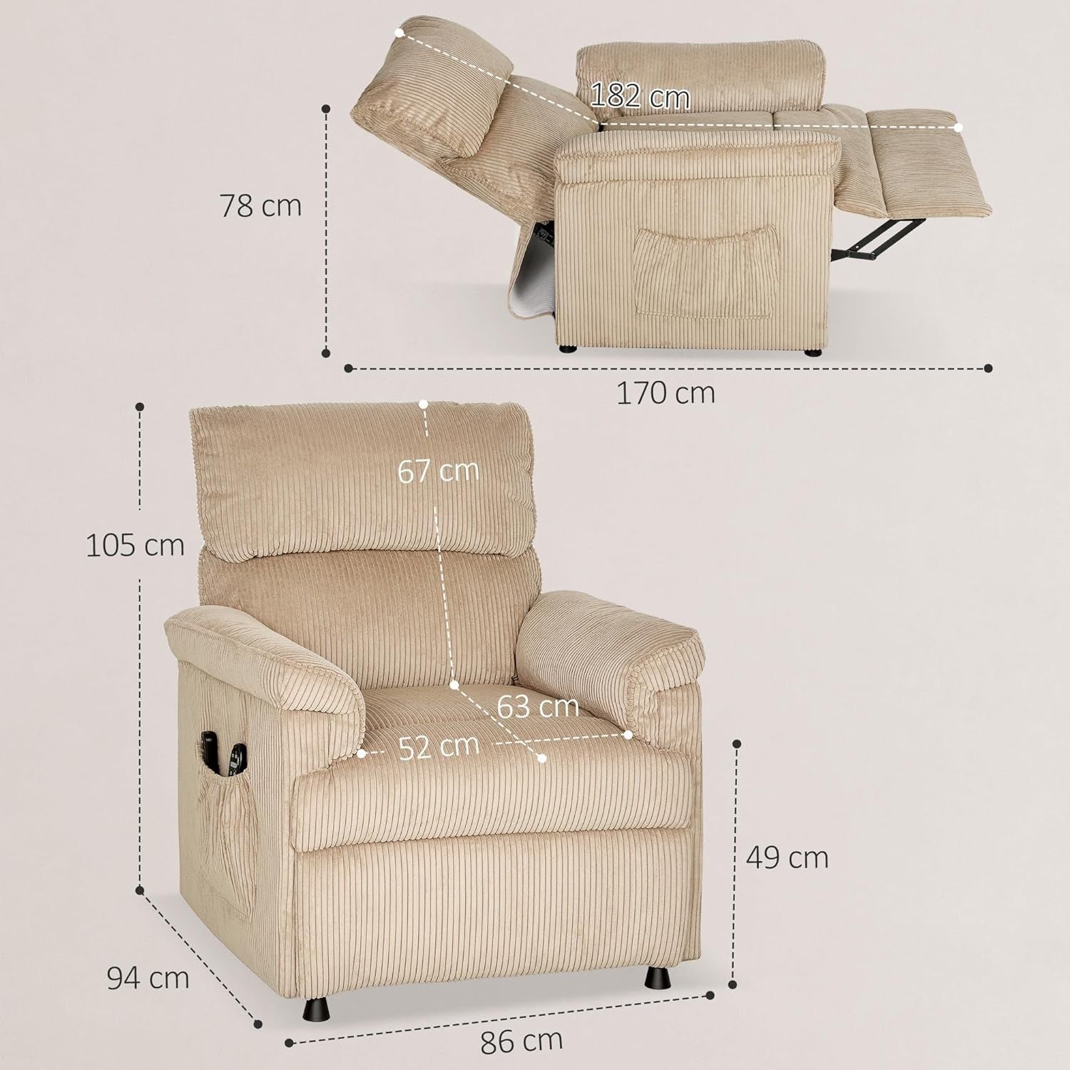 Electric Massage Recliner Chair Heat USB Corduroy Power Recliner Brown