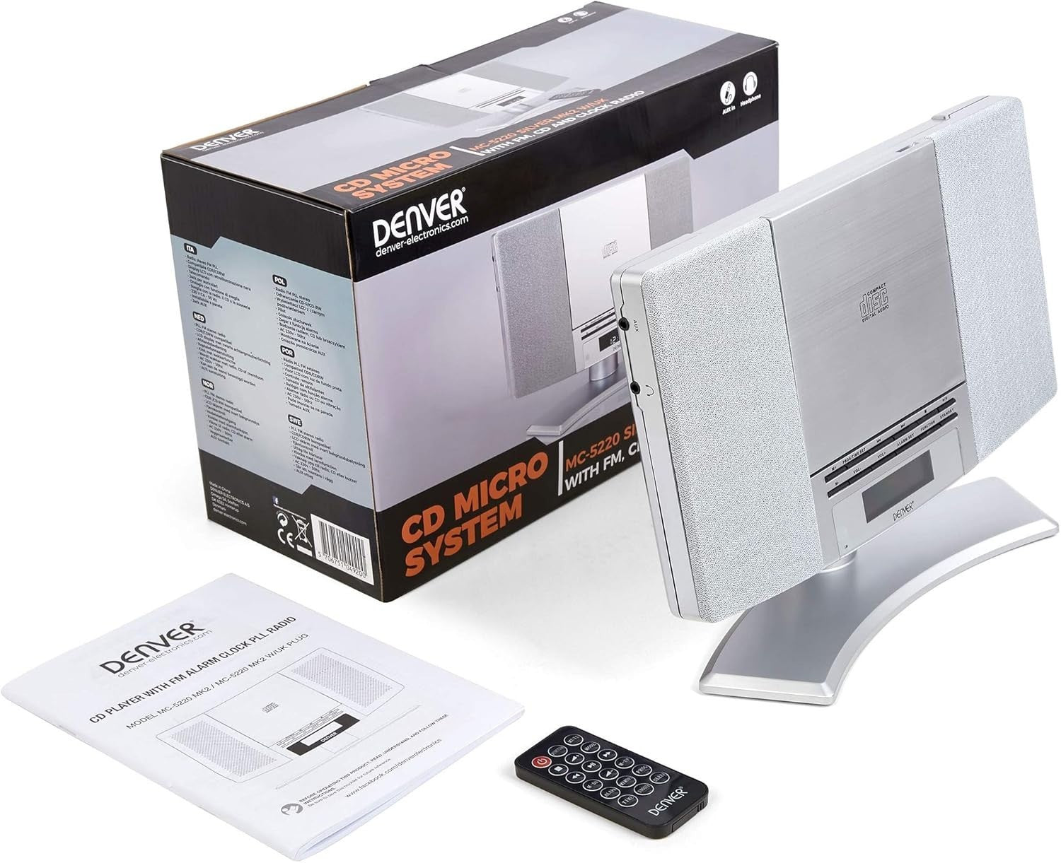 Mountable CD Player with FM Radio, Alarm Clock & Remote – Silver Hi-Fi System