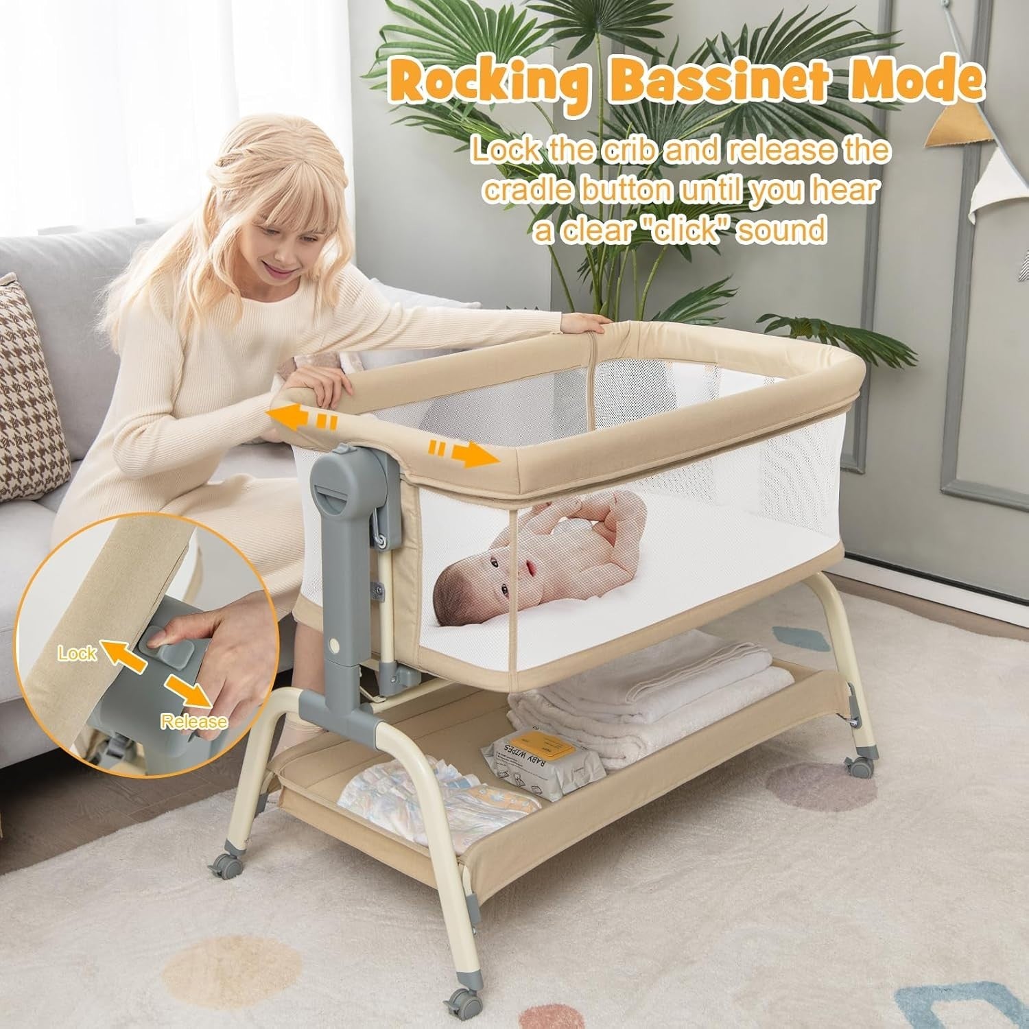 4in1 Baby Bedside Crib Adjustable Rocking Bassinet with Mattress & Storage Beige