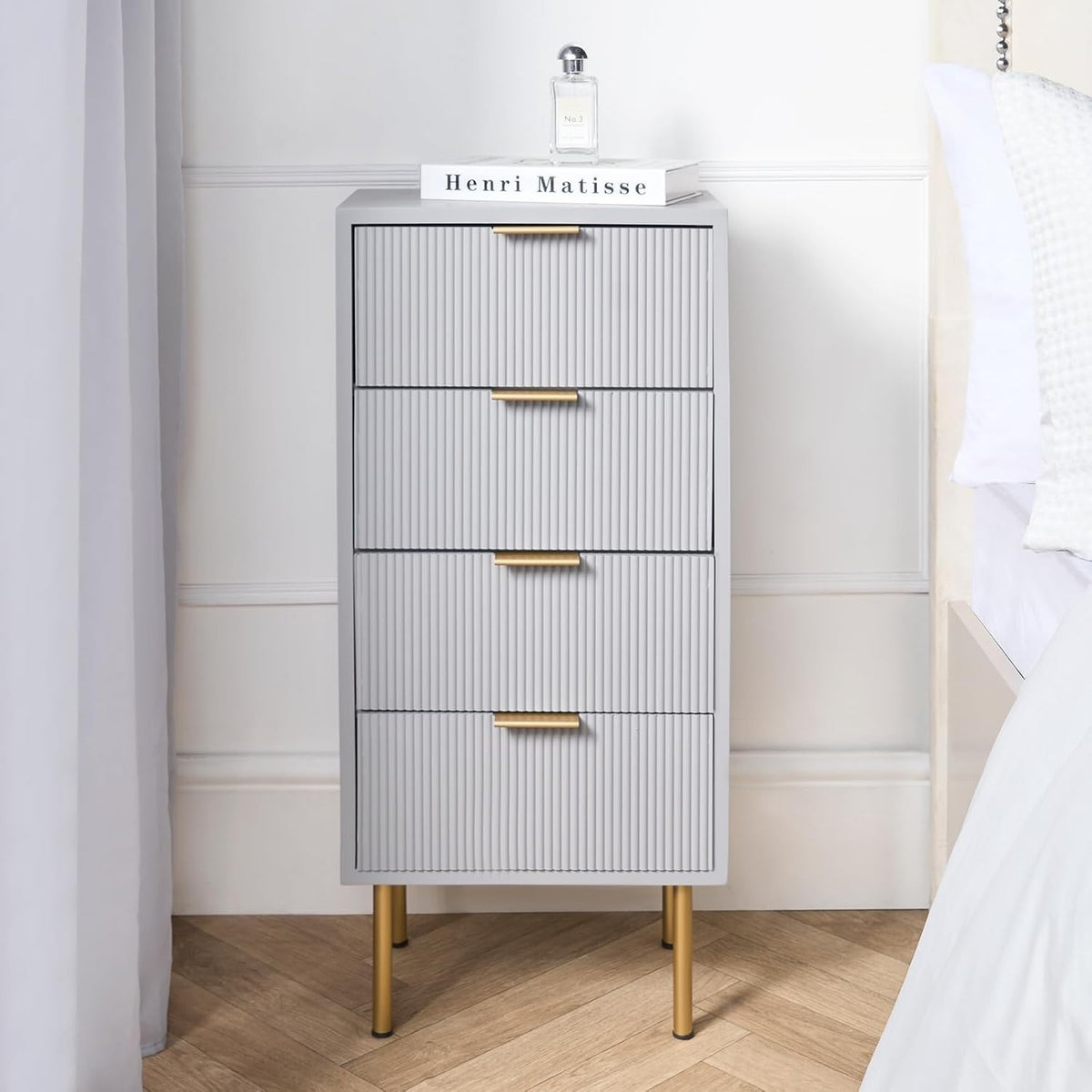 Modern Grey 4 Drawer Bedside Table | Ribbed Wood Nightstand with Gold Legs