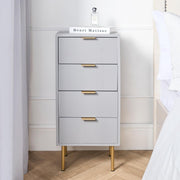 Modern Grey 4 Drawer Bedside Table | Ribbed Wood Nightstand with Gold Legs