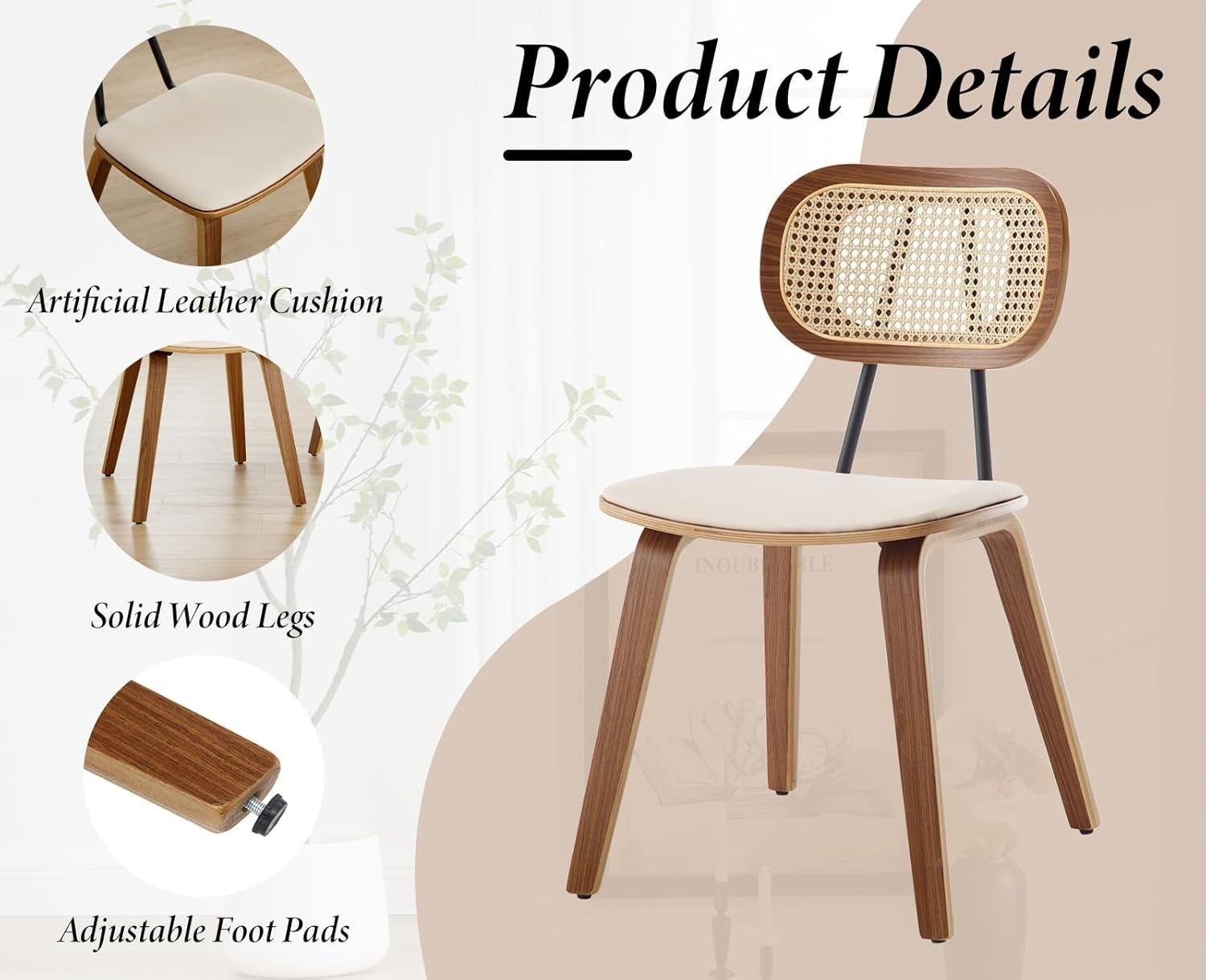 Rattan Dining Chairs Set of 2 Mid Century Wooden Legs Kitchen Dining Seats