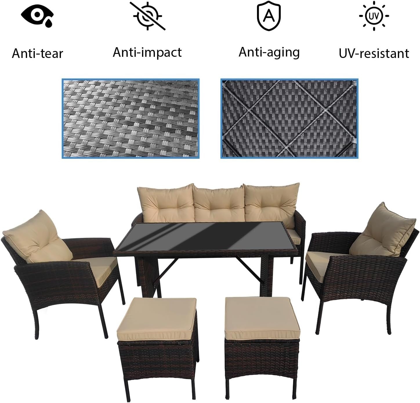 Brown Rattan Garden Furniture Set 6 Seater Cushioned Sofa Outdoor Patio