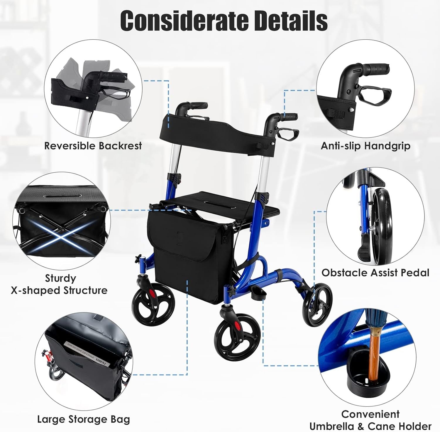Lightweight Rollator Walker with Seat 4 Wheel Folding Adjustable Mobility Aid
