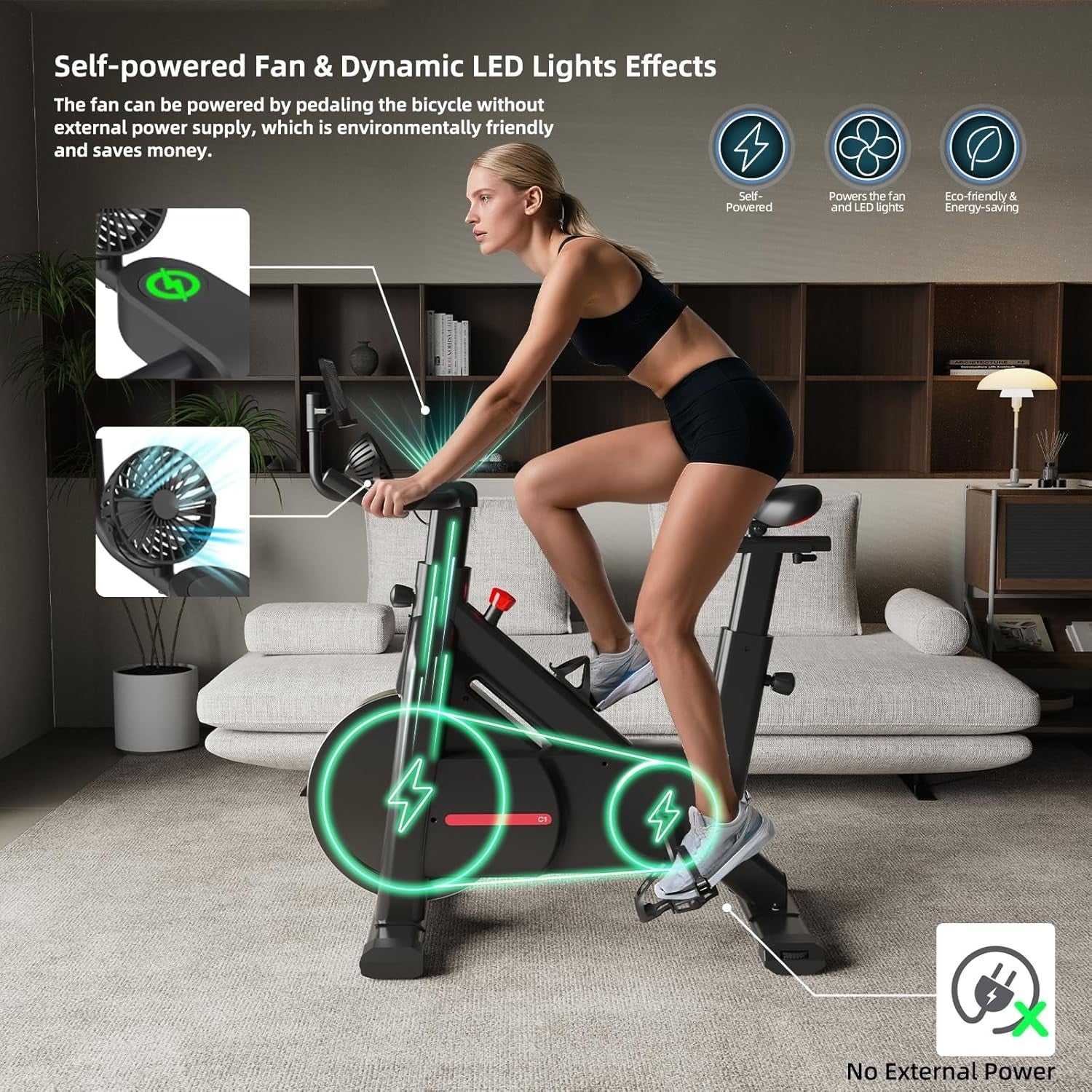 Silent Magnetic Spin Bike w/ App, Self-Powered, LED Feedback, 300lb Capacity
