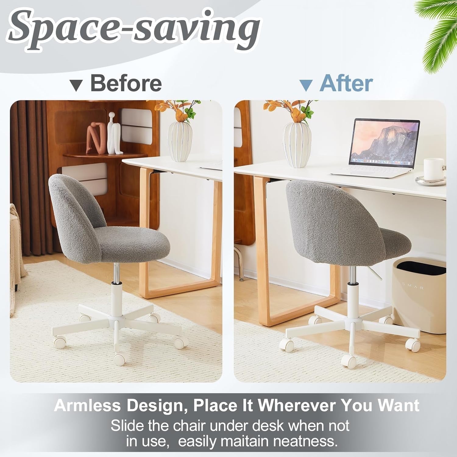 Grey Swivel Desk Chair Small Teddy Fleece Adjustable Height Modern Vanity Seat