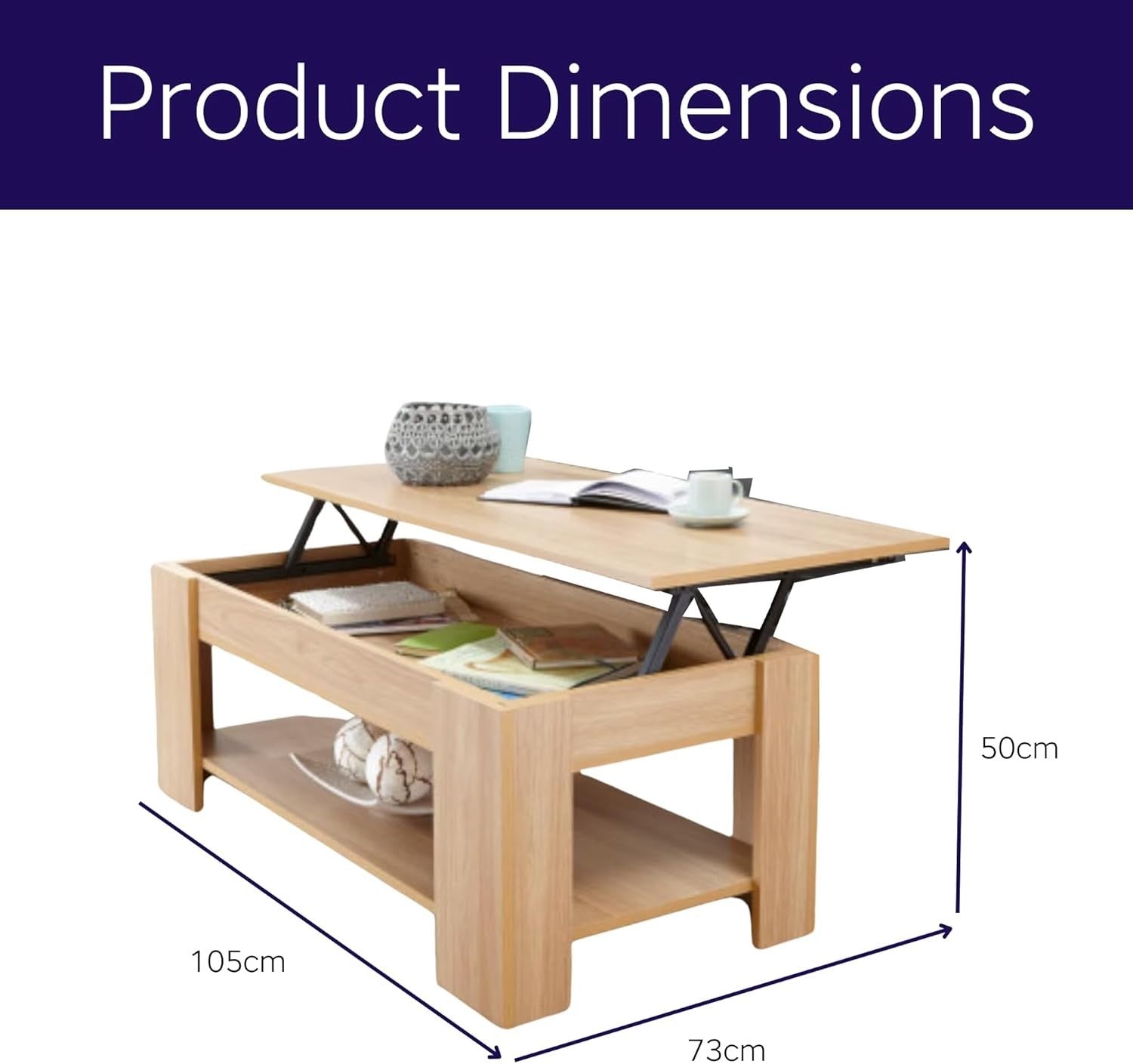 Lift Top Coffee Table with Hidden Storage & Shelf | Oak Wood Effect Modern