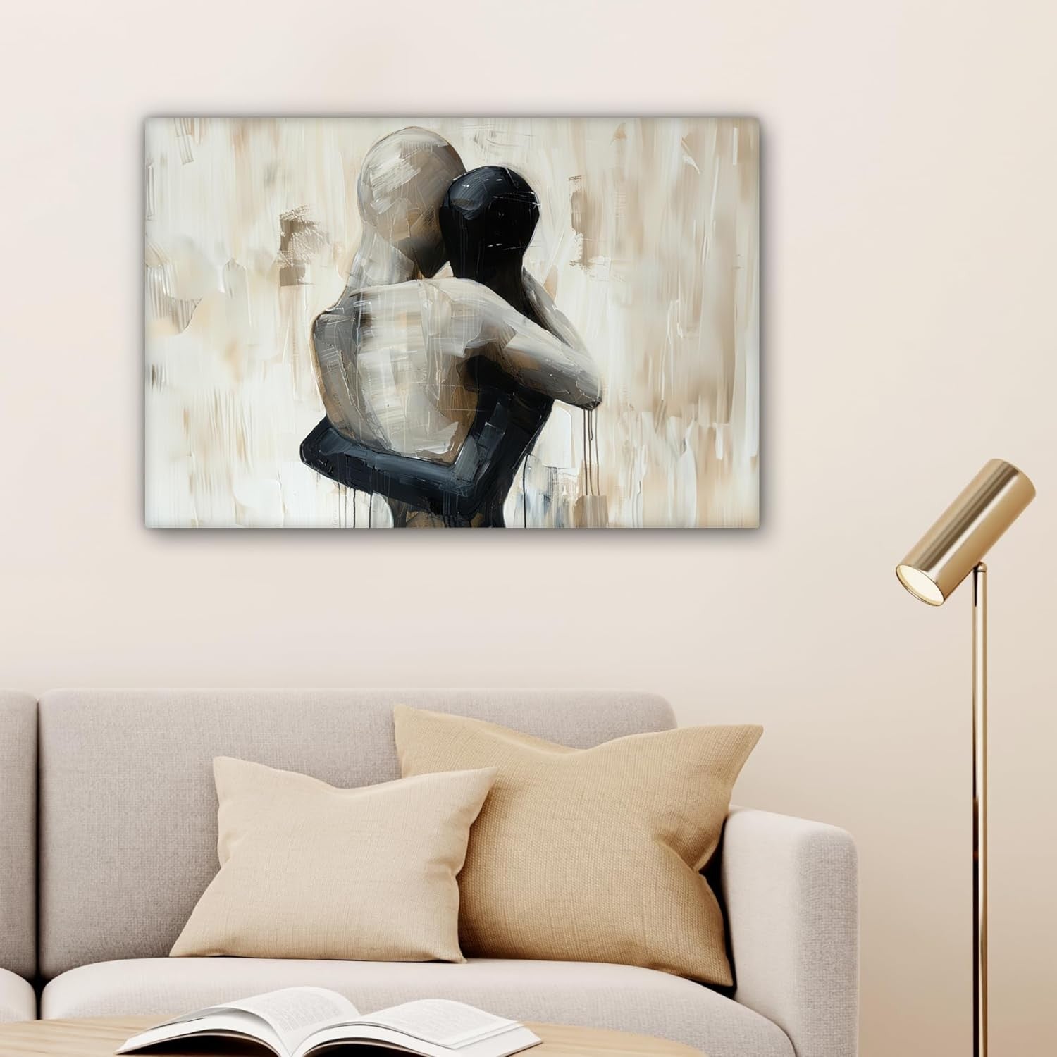 Abstract Couple Canvas Wall Art 60x40cm Framed Beige Modern