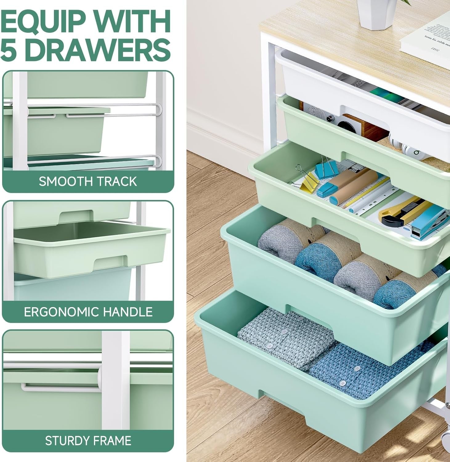 5 Drawer Rolling Storage Trolley Cart with Wheels Utility Organizer Green