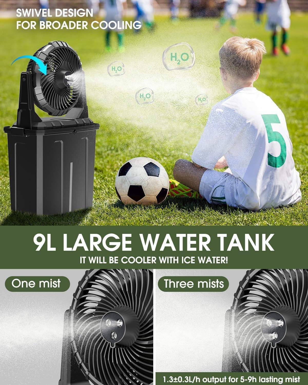 Portable Misting Fan – 9L Water Tank 20000mAh Rechargeable Outdoor Fan Black