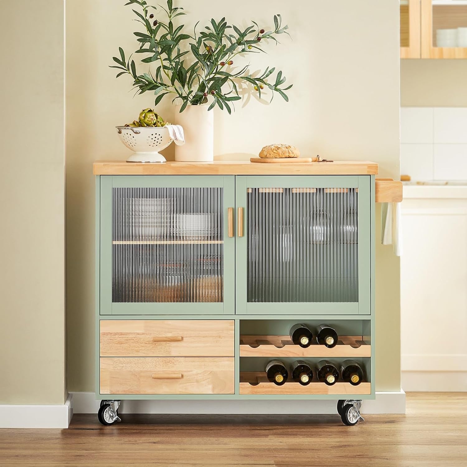 Mobile Kitchen Island on Wheels Glass Door Storage Trolley Wood Worktop