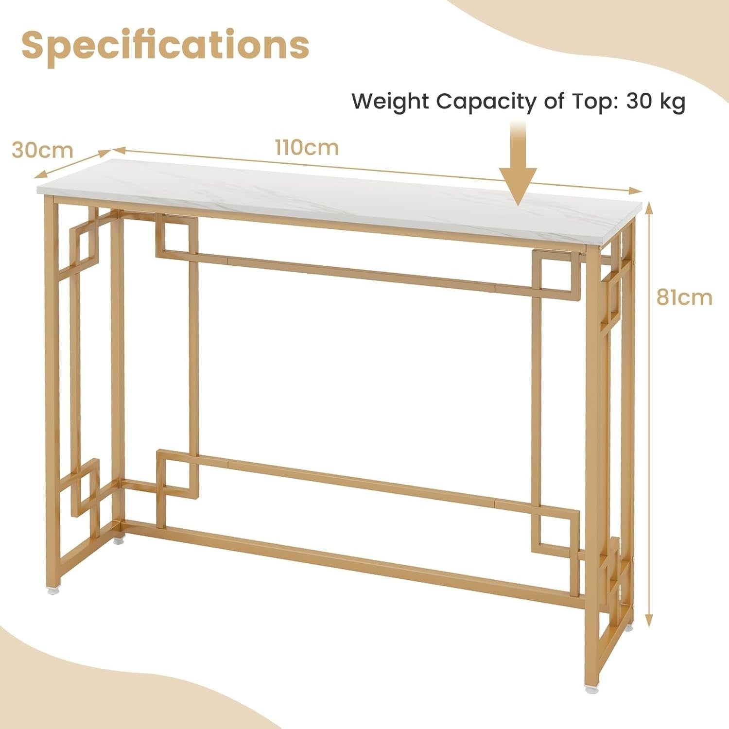 Slim Faux Marble Console Table with Gold Metal Frame – 110cm Wide, Anti-Tip